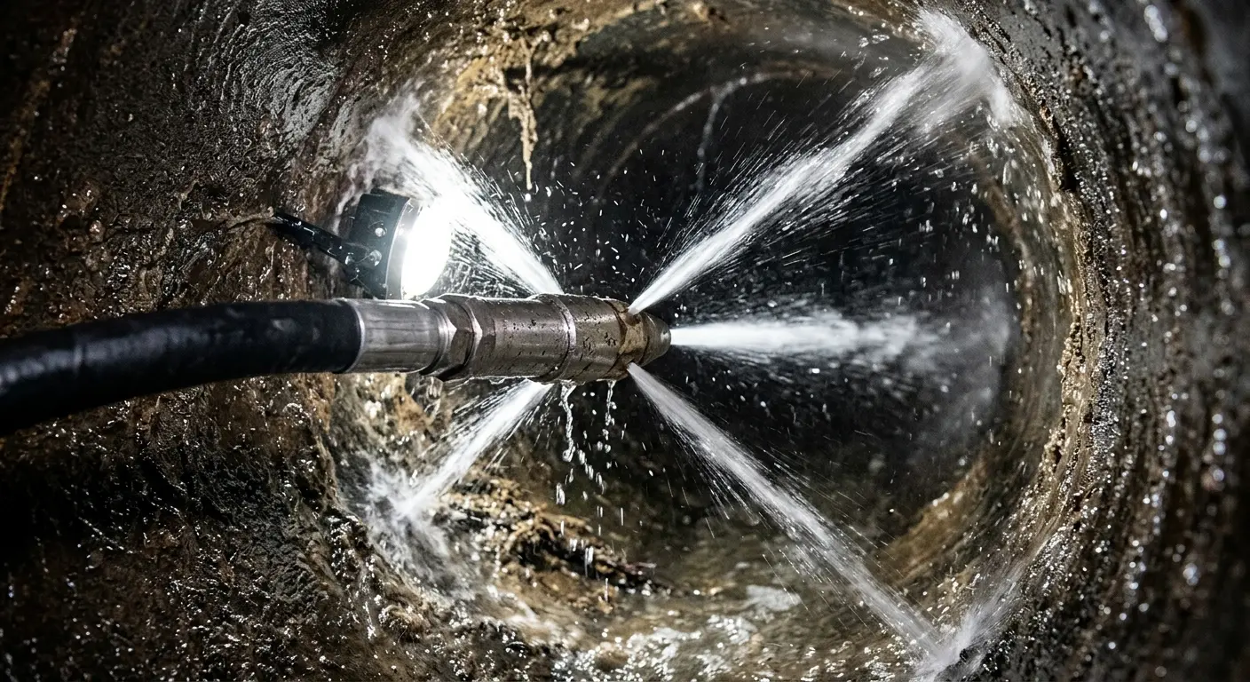 High-pressure hydro jetting nozzle cleaning sewer pipe for Emergency Drain Service in Seneca