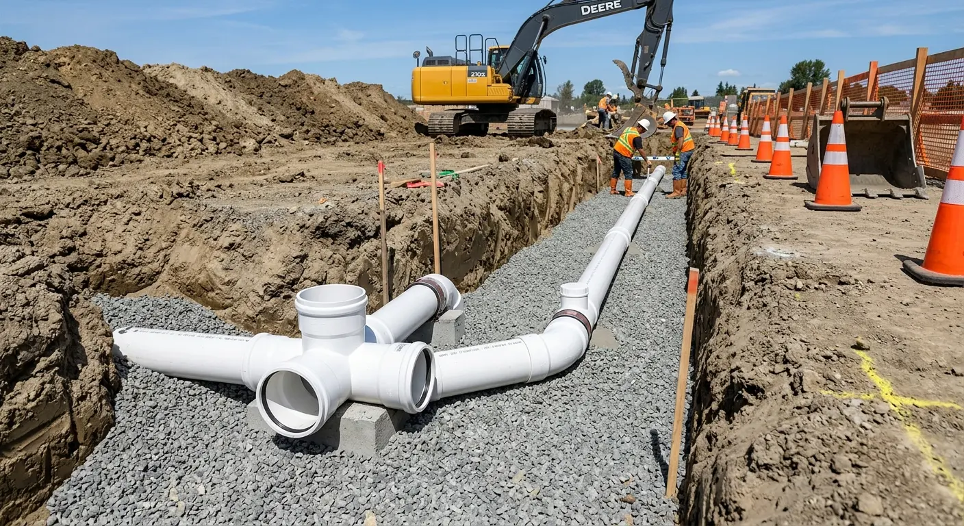 New PVC sewer pipe installation in open trench for Commercial Drain Cleaning in Seneca