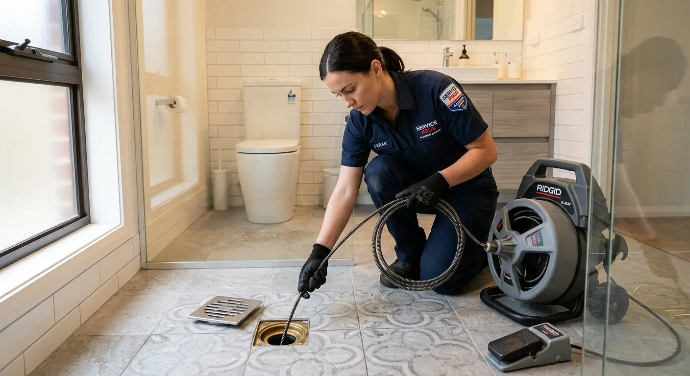 Technician clearing a bathroom floor drain for Sewer Line Installation in Seneca